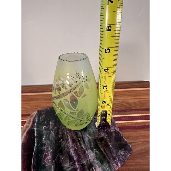 Handcrafted Frosted Green Glass Vase With Silver Accents & Intricate Leaf Design - Picture 7 of 10